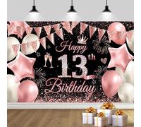 Happy 13th Birthday Banner Rose Gold Birthday Party Decoration Backdrop, 13th Birthday Poster Fabric Banner Photography Background for Girls Women, 110 x 180 cm (Black Rose 13th)