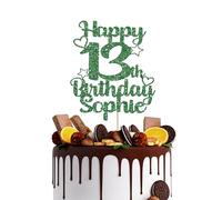Happy 13th Birthday Cake Topper - Custom Name - Glitter Card - 16 Colour Options - Features Hearts and Stars - Handmade in UK - Personalised Cake Decoration - Teen Birthday (Dark Green Glitter)