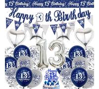 Happy 13th Birthday Decoration Banner - Blue Silver Official Teenager Birthday Banners Bunting Decorations for Boys Girls, Number 13 Foil Balloons Cake Topper for 13 Years Old Party Supplies