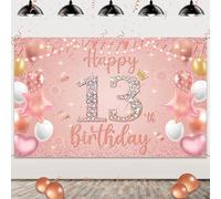 Happy 13th Birthday Decorations Banner - Pink Rose Gold Decoration Backdrop Official Teenager Photography Background, Fabric Sign Poster for 13 Years Old Girls Birthday Party Supplies