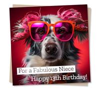 Happy 13th Birthday Greeting Card - For a Fabulous Niece - Fun Dog Design - Blank Inside (135 x 135 mm) - Made in UK - With Envelope