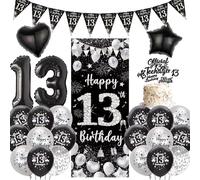 Happy 13th Birthday Party Decorations - Black Silver Official Teenager Door Banner Set with Pennants Bunting, Cake Topper and Foil Balloon for 13 Year Old Party Supplies