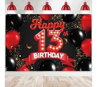 Happy 13th Birthday Red and Black Banner Backdrop Decorations Balloons Theme Decor for Girls Women Princess 13 Years Old Birthday Party Bday Photo Booth Props Supplies Background Favors Glitter Gold