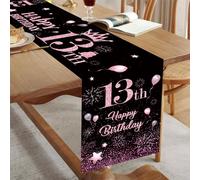 Happy 13th Birthday Table Runner for Girls Her Black Pink 13th Birthday Table Runner 13 Years Old Birthday Celebration Party Decorations Non-Slip Dining Table Linen Cover Cloth Decor, 180x35cm Long