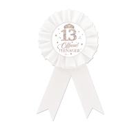 Happy 13th Birthday Tinplate Badge Pin, Official Teenager Birthday Button Pin, Rose Gold Crown Happy Birthday White Rosette Badge Pin for Girl, Brooch Buttons for Thirteen Birthday Party