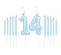 Happy 14th Birthday Blue Long Stick Number 14 Candles for Cake Topper - Boy & Girl Birthday Party & Wedding Anniversary Decorations
