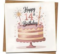Happy 14th Birthday Card - 145mm Square Greeting Card with Cake Design, Candle & Sparkler - Includes Kraft Envelope - Teen 14 Year Old Birthday Card for Boys or Girls