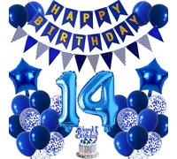 Happy 14th Birthday Decoration Banner - Navy Blue Birthday Banners Cake Topper Decorations for Boys, Number 14 Foil Balloon Confetti Latex Balloons for Teen 14 Years Old Party Supplies