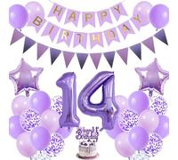 Happy 14th Birthday Decoration Banner - Purple Birthday Banners Cake Topper Decorations for Girls, Number 14 Foil Balloon Confetti Latex Balloons for Teen 14 Years Old Party Supplies