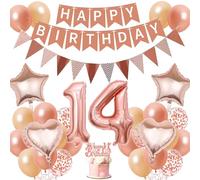 Happy 14th Birthday Decoration Banner - Rose Gold Birthday Banners Cake Topper Decorations for Girls, Number 14 Foil Balloon Confetti Latex Balloons for Teen 14 Years Old Party Supplies