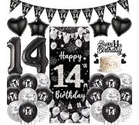 Happy 14th Birthday Party Decorations - Black Silver Door Banner Set with Pennants Bunting, Cake Topper and Foil Balloons for Girls Boys 14 Years Old Party Supplies