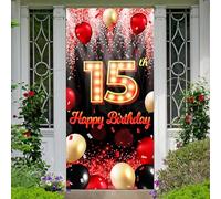 Happy 15th Birthday Backdrop Banner Black and Red Theme Background with Neon Shiny Fashion Birthday Party Photo Photography Prop Booth Door Background for Boys Girls Celebration 35.4x72.8in-BECKTEN