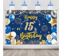 Happy 15th Birthday Backdrop Decorations - Blue and Gold Party Banner Decoration for Boys and Girls, Fabric Photo Backdrop Photography Background for 15 Years Old Party Supplies