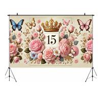 Happy 15th Birthday Banner Photo Backdrop, Pink Roses and Butterflies with Crown, 15th Decorations for Girls Women, 15 Years Old Anniversary Party Supplies 110×180CM