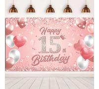 Happy 15th Birthday Banner Rose Gold 1.1 x 1.8m Happy Birthday Banner Backdrop 15th birthday decorations for Girls Women, 15 Years Old Anniversary Party Supplies