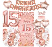 Happy 15th Birthday Banners Decorations - Rose Gold Door Banner Set with Cake Topper, Latex Balloon and Foil Balloons for Girls 15 Years Old Party Supplies