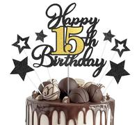 Happy 15th Birthday Cake Toppers, Black Gold Glitter Cake Decorations Set, 15th Birthday Decor for Boy Girl, Birthday Anniversary Party Decorations Supplies