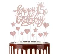 Happy 15th Birthday Cake Toppers, Rose Gold Cake Cupcake Toppers for Cake, Glitter Heart Stars Cake Toppers, Birthday Gift, Personalised Cake Toppers for Women Girls 15th Birthday Cake Decorations