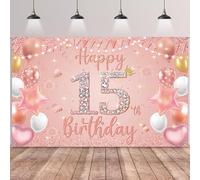 Happy 15th Birthday Decorations Banner - Pink Rose Gold Decoration Backdrop Photography Background, Fabric Sign Poster for 15 Years Old Girls Birthday Party Supplies