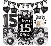 Happy 15th Birthday Party Decorations - Black Silver Door Banner Set with Pennants Bunting, Cake Topper and Foil Balloons for Girls Boys 15 Years Old Party Supplies