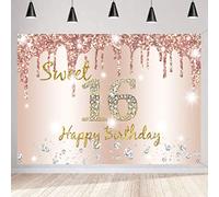 Happy 16th Birthday Backdrop Banner for Girls, Sweet 16 Birthday Decorations 16 Years Old Fabric Sign Poster, Rosegold Party Deco Photo Background Sweet 16 Party Supplies, 150cm x 90cm
