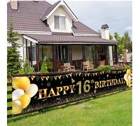 Happy 16th Birthday Banner,16th Birthday Decoration Black Gold,Party Backdrop Banner Fabric Banner.for Girl Boy 16thBirthday Photo Backdrop,Photography Background,Outdoor Yard Garden Table Wall Decor