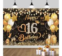 Happy 16th Birthday Banner Black Gold Birthday Party Decoration Backdrop, 16th Birthday Poster Fabric Banner Photography Background for Boys Girls, 180 x 110 cm (16TH)