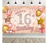 Happy 16th Birthday Banner Rose Gold Birthday Party Decoration Backdrop, 16th Birthday Poster Fabric Banner Photography Background for Girls Women, 110 x 180 cm (16th)