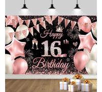 Happy 16th Birthday Banner Rose Gold Birthday Party Decoration Backdrop, 16th Birthday Poster Fabric Banner Photography Background for Girls Women, 110 x 180 cm (Black Rose 16th)