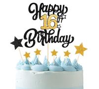Happy 16th Birthday Cake Topper 16th Happy Birthday Cake Topper Black Gold Glitter Cheers to 16 Years Birthday Cake Pick 16th Anniversary Cake Topper for Birthday Party