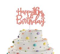 Happy 16th Birthday Cake Topper in Glitter Card,Happy Birthday Cupcake Toppers Rose Gold 16th Birthday Party Decor,Glitter Cake Decoration for Birthday Anniversary Party Decorations (16th, Rose Gold)