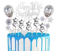 Happy 16th Birthday Cake Topper Silver Glitter 16th Birthday Cake Topper for Boys Girls 23pcs Happy Birthday Sign for Cake Decorations Sixteen Birthday Party Cupcake Topper Kit with Star Heart Balloon