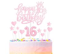 Happy 16th Birthday Candles - Cake Toppers Set, Number 16 Candles, Light Pink Heart Star Cupcake Toppers