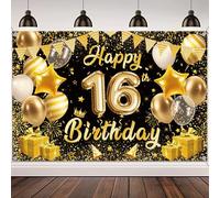 Happy 16th Birthday Decoration Banner - Black Gold Birthday Decorations Banners Backdrop for Girl Boy, Large Photography Photo Background for 16 Years Old Party Supplies(180X120cm)