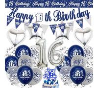 Happy 16th Birthday Decoration Banner, Blue Silver Birthday Banners Bunting Decorations for Boys Girls, Number 16 Foil Balloons Cake Topper for 16 Years Old Party Supplies