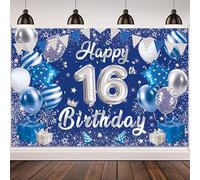 Happy 16th Birthday Decorations Banner - Blue Silver Birthday Banners Backdrop for Girls Boys, Large Photography Photo Background for 16 Years Old Party Supplies(180X120cm)