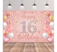 Happy 16th Birthday Decorations Banner - Pink Rose Gold Decoration Backdrop Photography Background, Fabric Sign Poster for 16 Years Old Girls Birthday Party Supplies