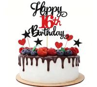 Happy 16th Birthday Glitter Cake Topper Cheers to 16 Years Old 16 Fabulous for Celebrating 16th Birthday Anniversary Party Cake Decorations Supplies Black Red