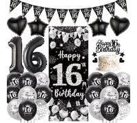 Happy 16th Birthday Party Decorations - Black Silver Door Banner Set with Pennants Bunting, Cake Topper and Foil Balloons for Girls Boys 16 Years Old Party Supplies