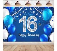 Happy 16th Birthday Print Wall Decorations Backdrop Party Background Backdrop Blue Silver Photography Background 16 Years Old Decorations Party Supplies for Girls Boys