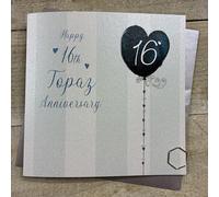 Happy 16th Topaz Anniversary Card. Stripes & Heart Balloon Design. Hand decorated with Glitter & Gems. (DH16)