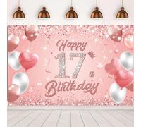 Happy 17th Birthday Banner Rose Gold 1.1 x 1.8m Happy Birthday Banner Backdrop 17th birthday decorations for Girls Women, 17 Years Old Anniversary Party Supplies