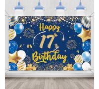 Happy 17th Birthday Bcakdrop Decorations - Blue and Gold Party Banner Decoration for Boys and Girls, Fabric Photo Backdrop Photography Background for 17 Years Old Party Supplies