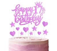 Happy 17th Birthday Cake Toppers, Hot Pink Cake Cupcake Toppers for Cake, Glitter Heart Stars Cake Toppers, Birthday Gift, Personalised Cake Toppers for Women Girls 17th Birthday Cake Decorations