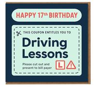 Happy 17th Birthday Card - Driving Lessons Coupon Voucher, Funny L Plate Cut-Out Design for New Drivers, Teen 17 Birthday Gift Idea
