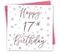 Happy 17th Birthday Card. Stars Design with Copper Foil text. 150x150mm supplied with Envelope. Eco-friendly. Message inside. Made in Britain.