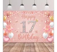 Happy 17th Birthday Decorations Banner - Pink Rose Gold Decoration Backdrop Photography Background, Fabric Sign Poster for 17 Years Old Girls Birthday Party Supplies