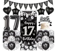 Happy 17th Birthday Party Decorations - Black Silver Door Banner Set with Pennants Bunting, Cake Topper and Foil Balloons for Girls Boys 17 Years Old Party Supplies