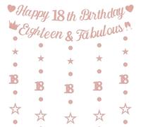 Happy 18th Birthday Banner Decorations - Rose Gold Glitter Eighteen Banners Party Supplies for Girls, Circle Dots Star Garland Birthday Banner Set for 18 Years Old Party Decor
