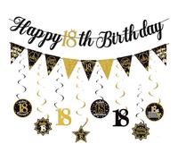Happy 18th Birthday Banners, Black Gold Gllitter Paper Birthday BuntingSet With Hanging Swirls, 18 Party Photo Backgroud Supplies Decoration for Boys Girls